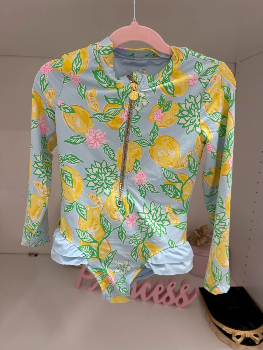 Kids Long-Sleeve Lemon Print Swimsuit - Light Blue & Yellow